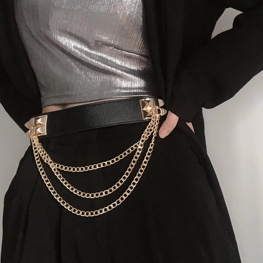 Punk Gold Rivet Chain Women's Belt Women's Elastic Stretch Wide Waist Corded Waist Black Slim Belt