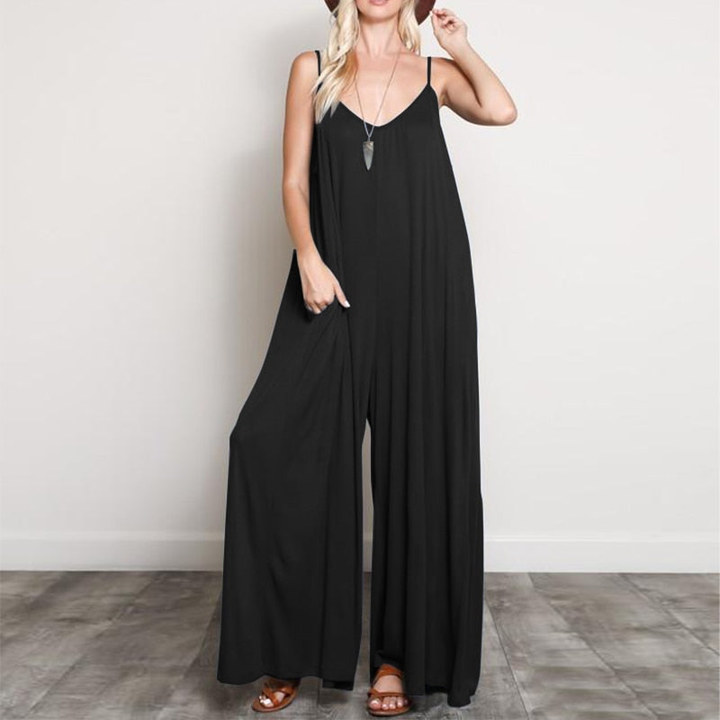 Casual Loose V Neck Long Jumpsuits