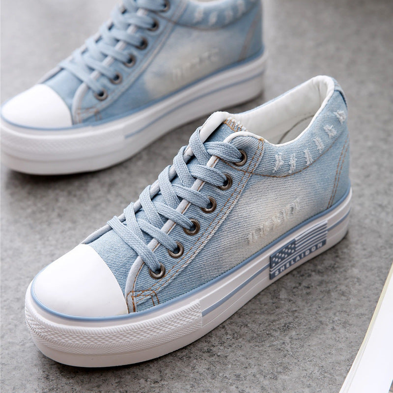 spring and summer single shoe Korean version of canvas shoes in the thick bottom of the high cowboy shoes students casual women cloth shoes