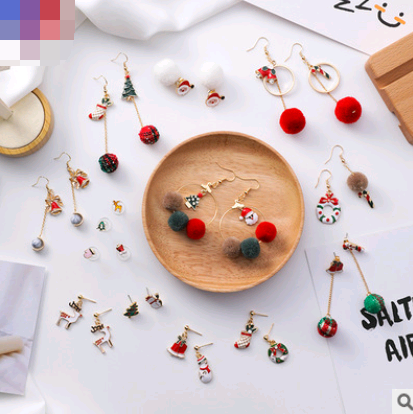 Christmas earrings holiday gift personality Santa Claus gift tree hair ball cane candy fashion earrings