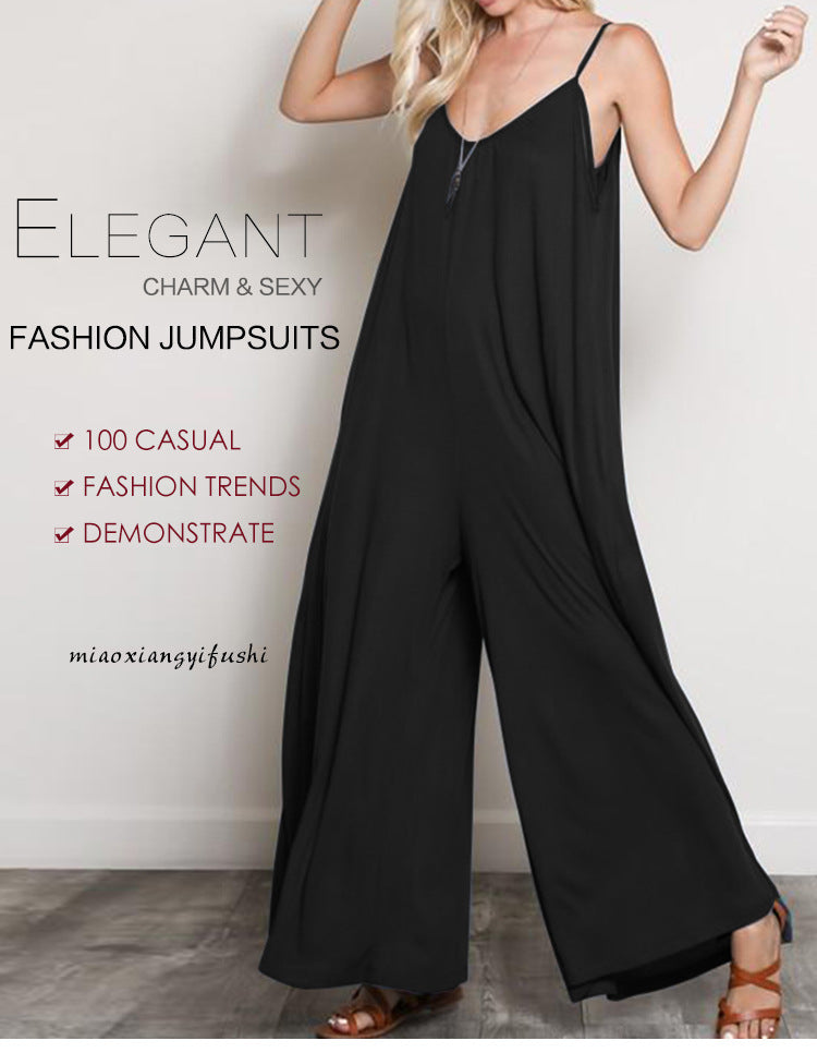 Casual Loose V Neck Long Jumpsuits