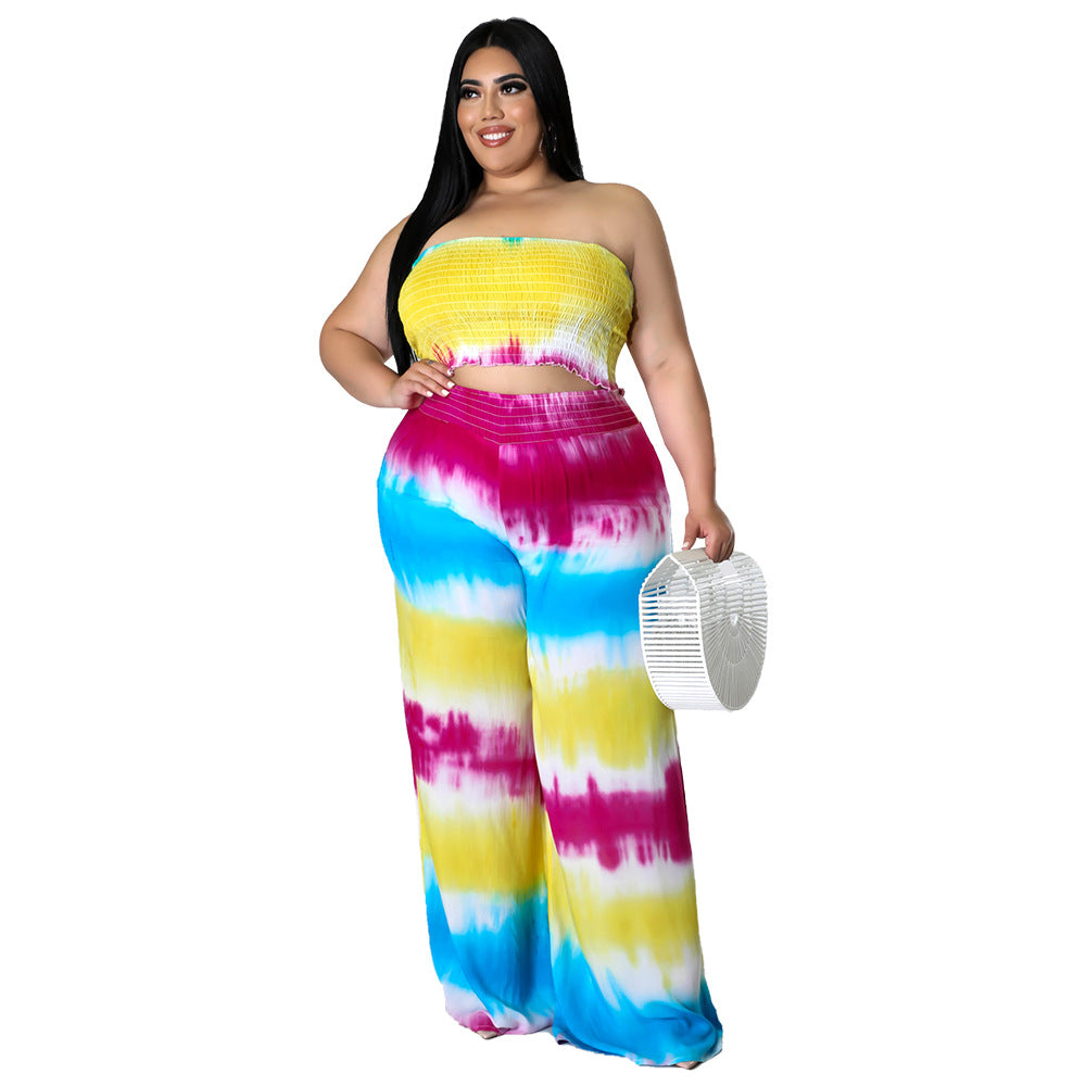 Women's Tie-dye Print Chest-wrapped Backless Plus Size Two-piece Suit