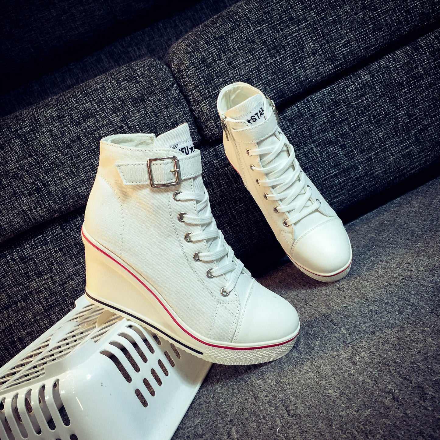 Side zip 8 cm heightened thick bottom wedge high-top canvas shoes women