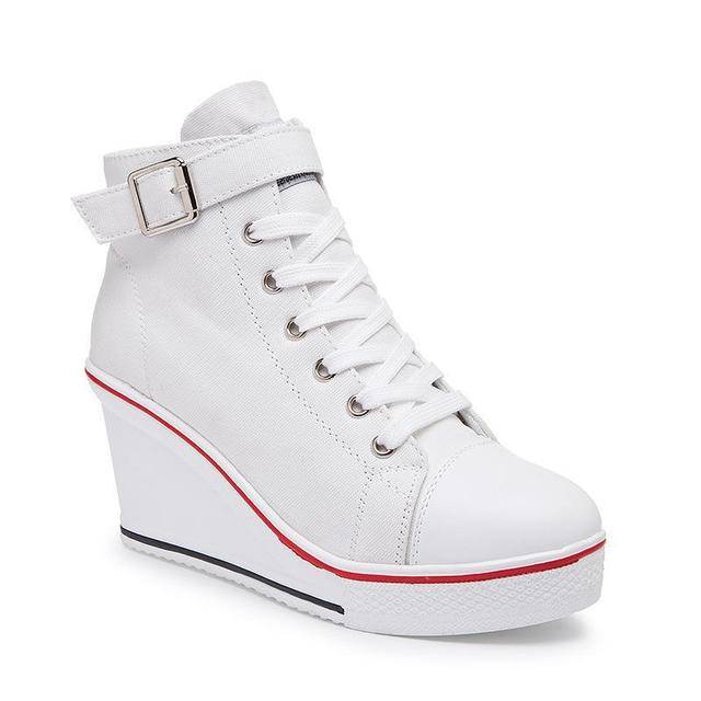 Side zip 8 cm heightened thick bottom wedge high-top canvas shoes women