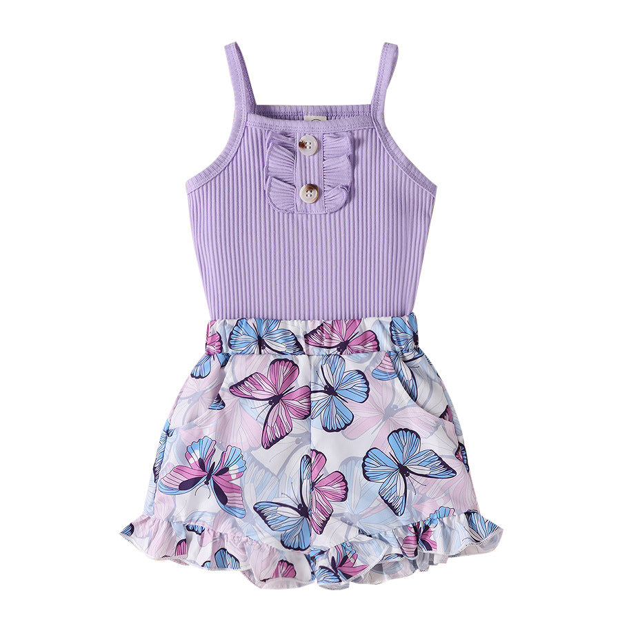 Cute Purple Strap Sunken Stripe Butterfly Shorts Two-piece Set