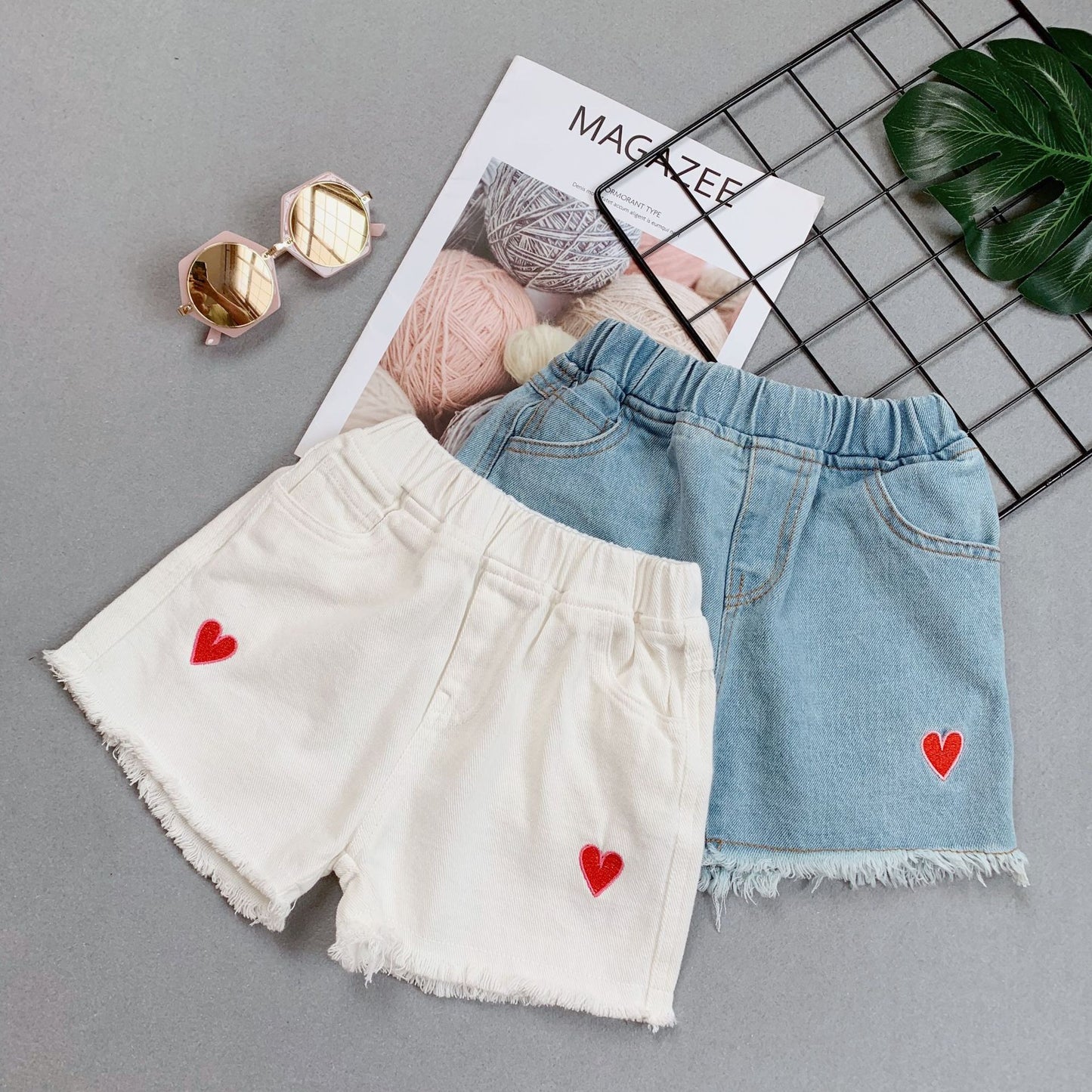 Girls summer embroidered love denim shorts