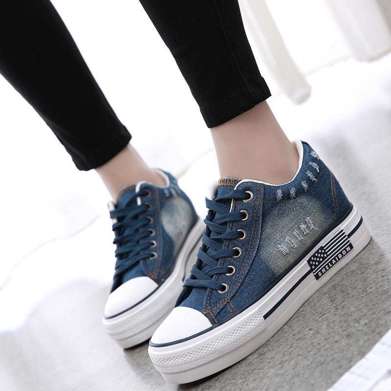 spring and summer single shoe Korean version of canvas shoes in the thick bottom of the high cowboy shoes students casual women cloth shoes