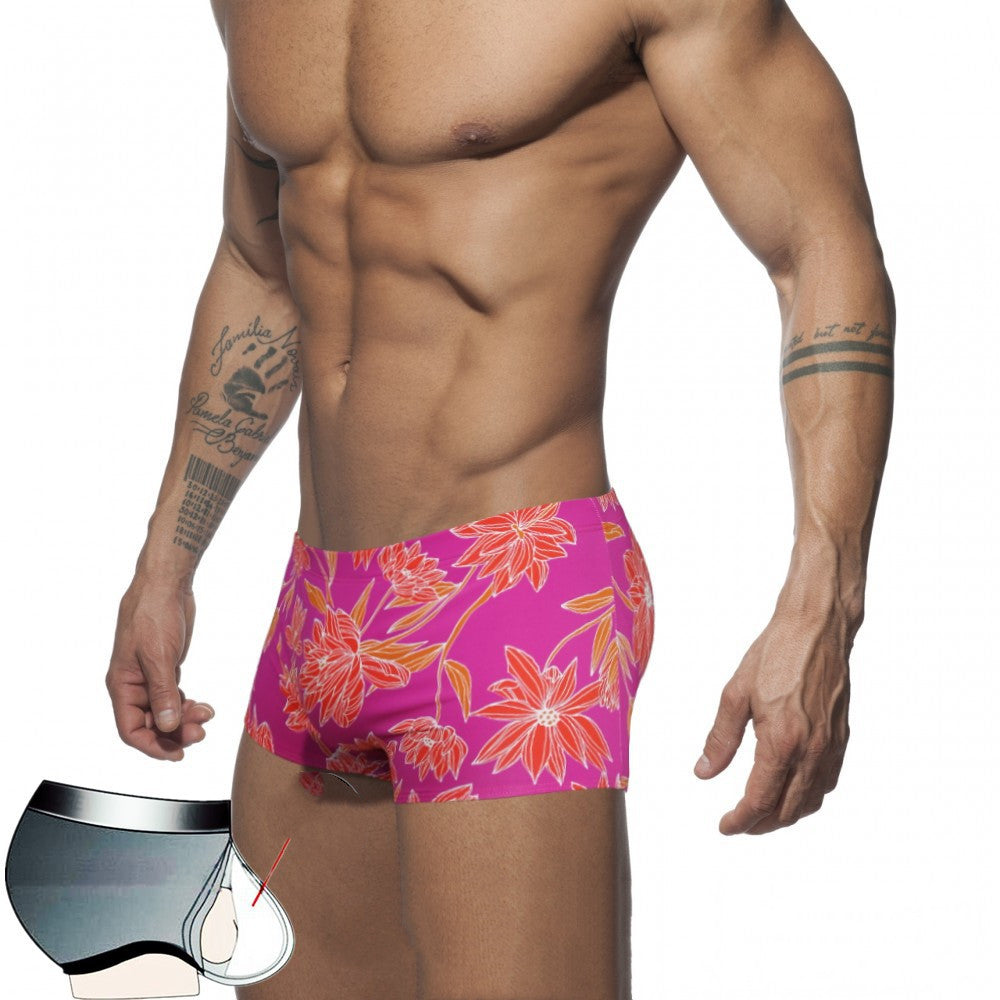 Men's Boxer Nylon Low Waist Print Swim Shorts Cup