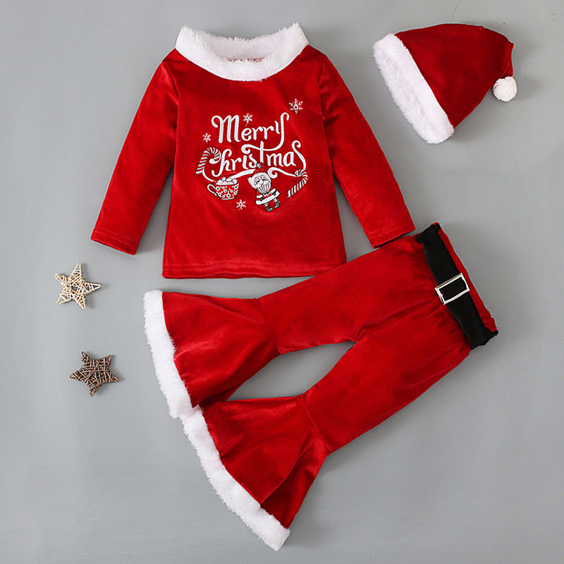 Christmas Plush Suit Top Bell-bottom Pants Hat Three-piece Set