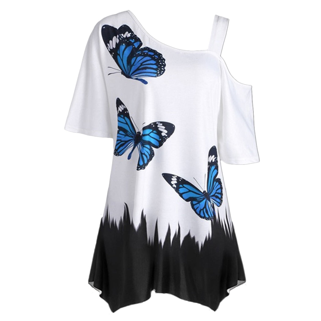 Short Sleeve Women Tops One Shoulder Summer Fashion Butterfly Printed Blouse Plus Size Tunic Casual Shirts Loose Blusas