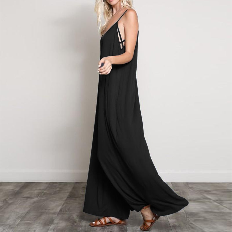 Casual Loose V Neck Long Jumpsuits