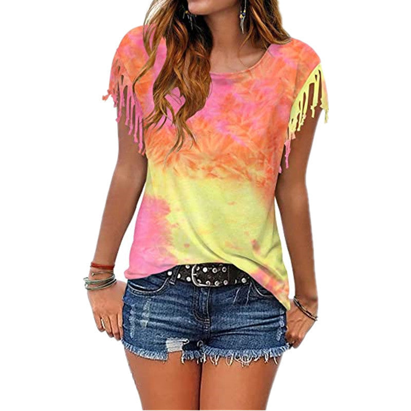 Tie-dye burnt tassel short sleeves