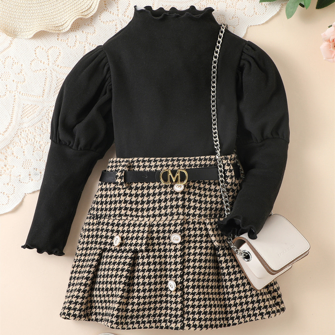 Fashion Houndstooth With Belt Skirt