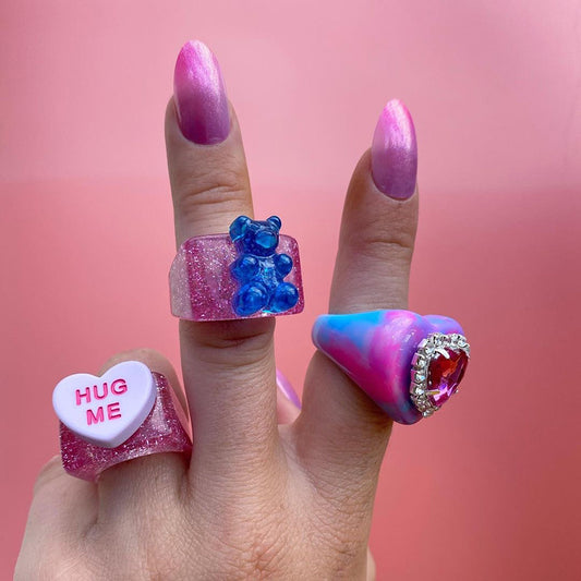 Cute Acrylic Glitter Bear Ring Big HUG ME Heart Cocktail Rings For Women