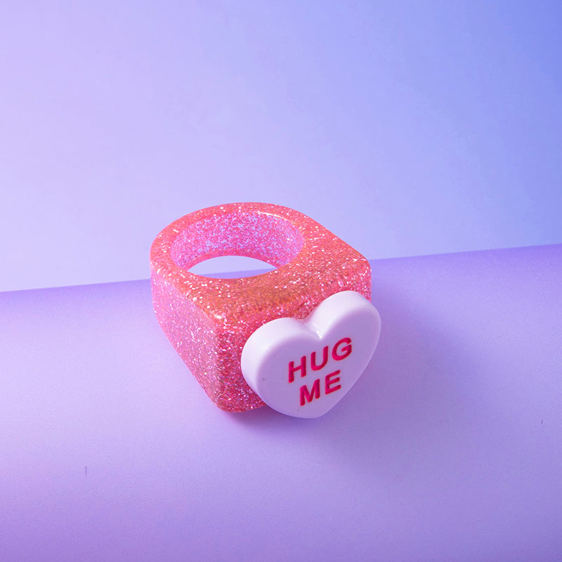 Cute Acrylic Glitter Bear Ring Big HUG ME Heart Cocktail Rings For Women