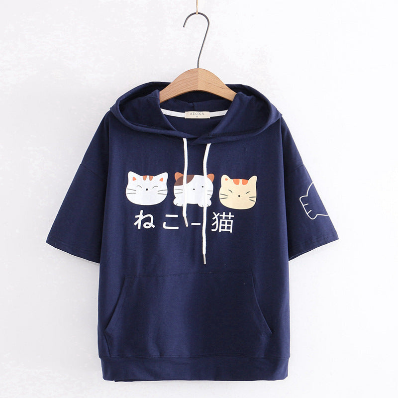 Hooded Short-sleeved T-shirt Girl Student Wear Cartoon Cat