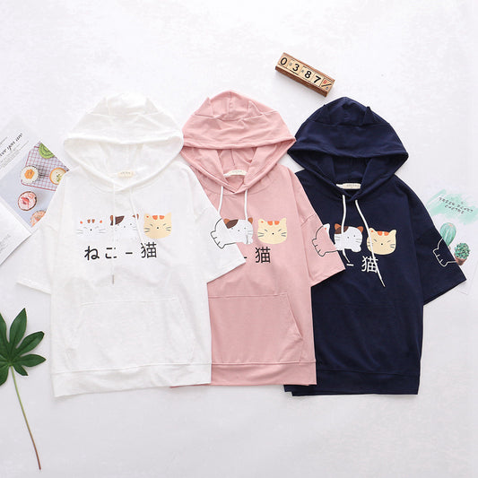 Hooded Short-sleeved T-shirt Girl Student Wear Cartoon Cat