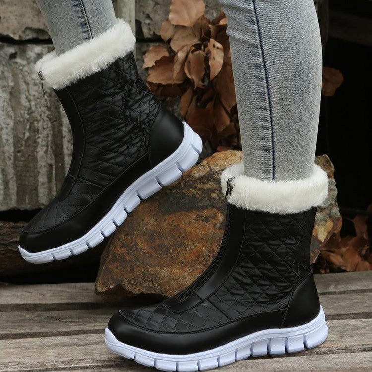 Black Boots For Women Shoes Winter Push Warm Combat Boots With Front Zipper