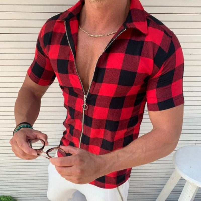 Short Sleeve Plaid Zipper T Shirts