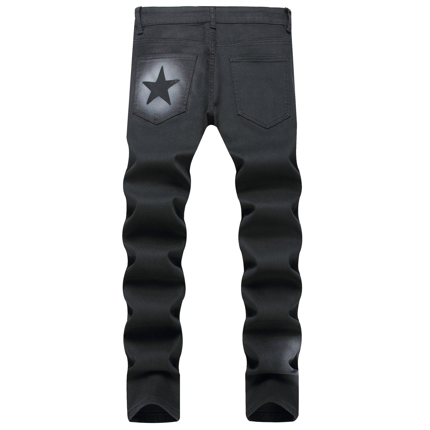 Hand-painted Gun Spray Five-pointed Star Elastic Black Pencil Pants Mid-waist Jeans Men