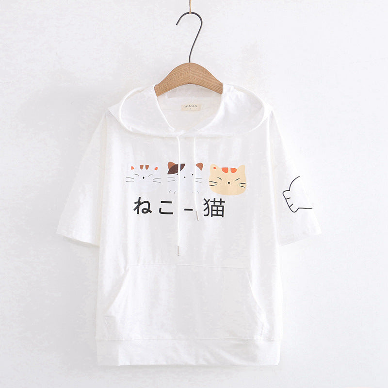 Hooded Short-sleeved T-shirt Girl Student Wear Cartoon Cat