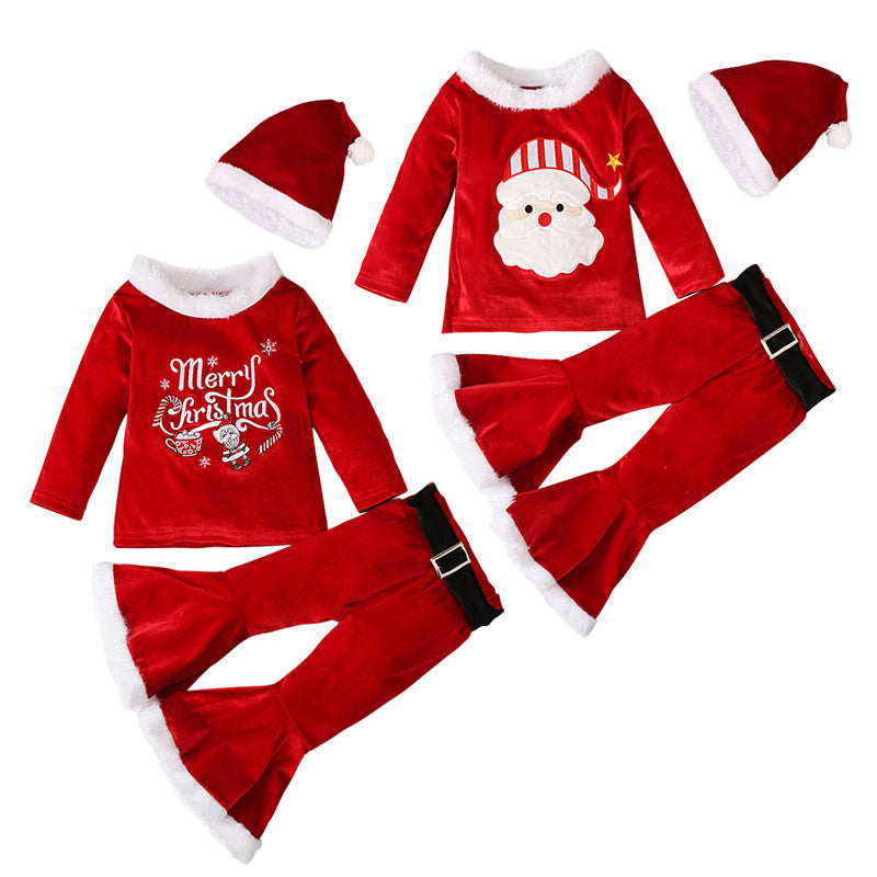 Christmas Plush Suit Top Bell-bottom Pants Hat Three-piece Set