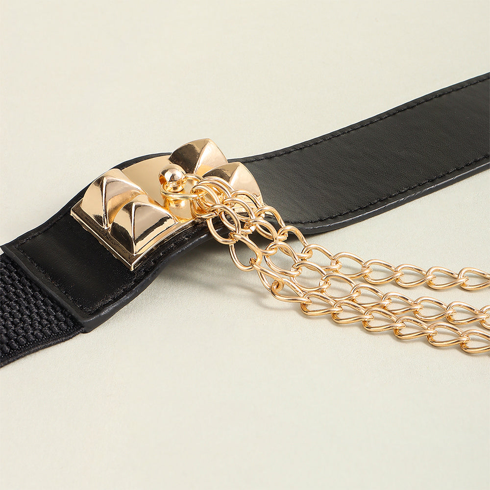 Punk Gold Rivet Chain Women's Belt Women's Elastic Stretch Wide Waist Corded Waist Black Slim Belt