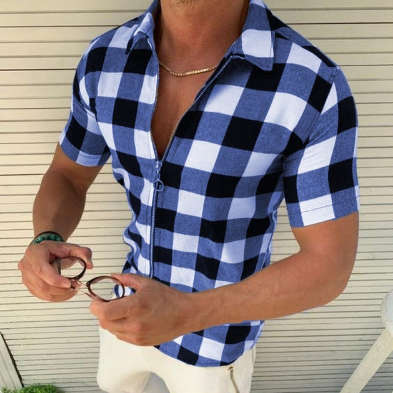 Short Sleeve Plaid Zipper T Shirts