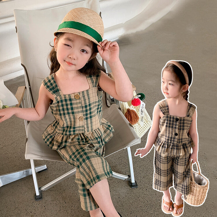 Girls' Plaid Vest Cropped Pants Set