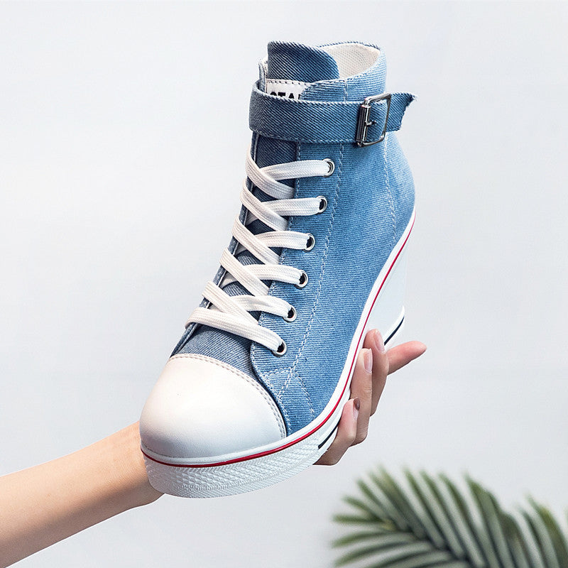 Side zip 8 cm heightened thick bottom wedge high-top canvas shoes women