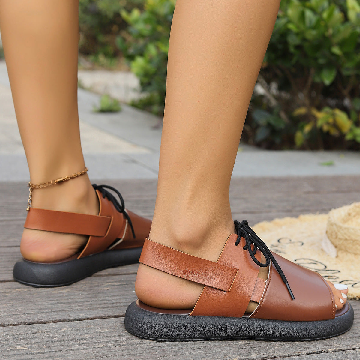 Color-block Lace-up Roman Sandals For Women Summer New Fashion Flat Fish Mouth Beach Shoes