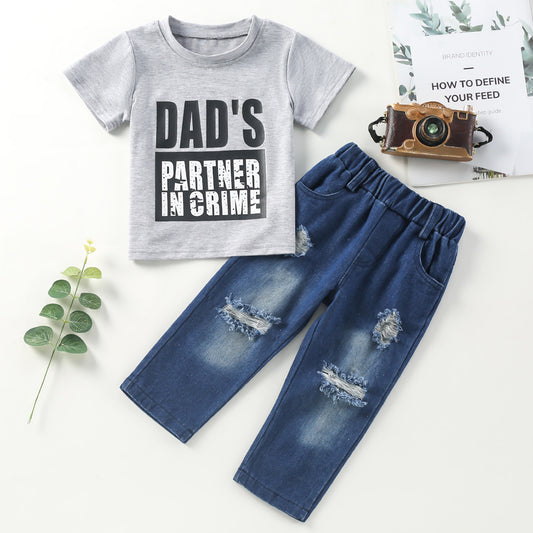 Solid Color Letter T-shirt Denim Ripped Trousers Suit