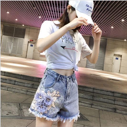 Jeans Feather Floral Women Shorts