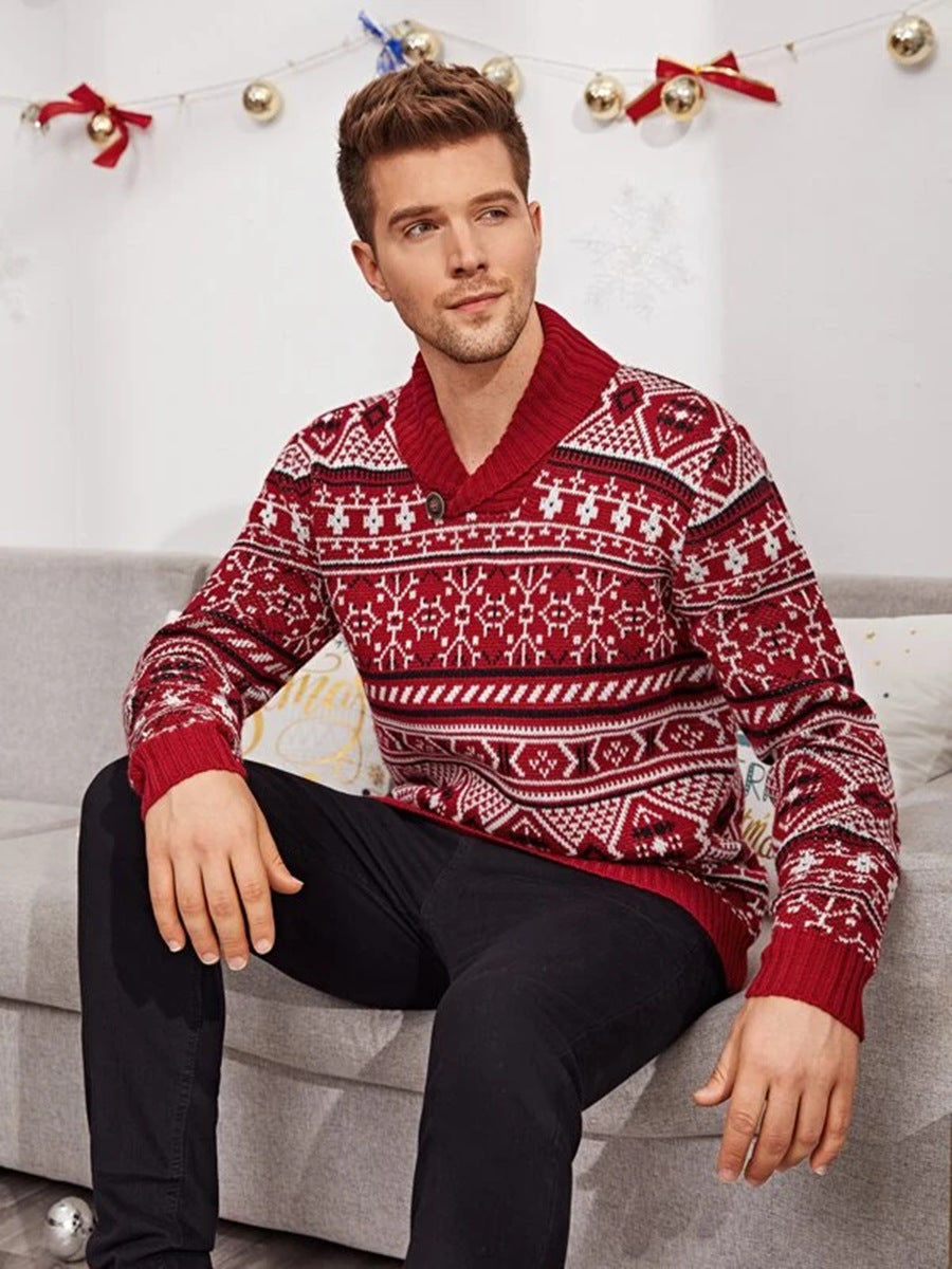 Christmas Elk Lapel Knitted Sweater Men