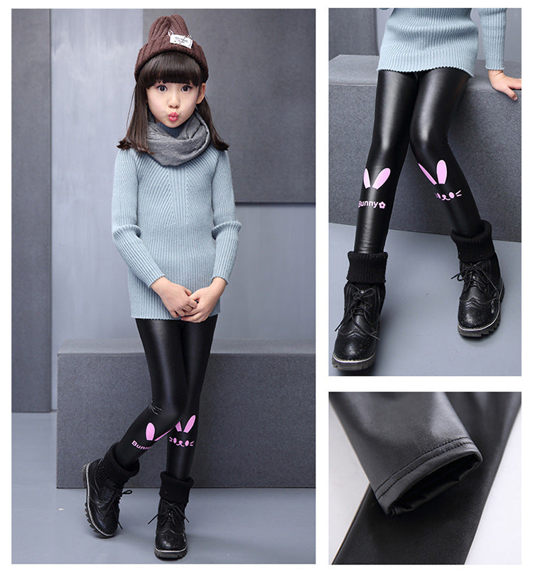 Girls' Fleece-lined Thick Leather Pants Leggings