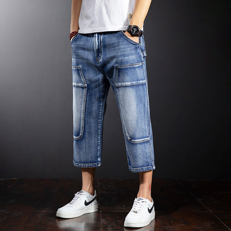 Seven Points Denim Shorts Men Straight Loose Over The Knee Medium Pants