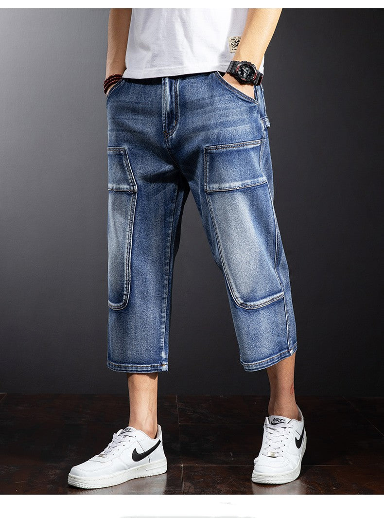 Seven Points Denim Shorts Men Straight Loose Over The Knee Medium Pants