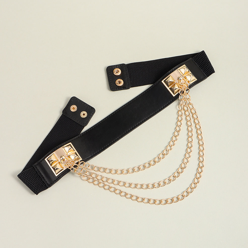 Punk Gold Rivet Chain Women's Belt Women's Elastic Stretch Wide Waist Corded Waist Black Slim Belt