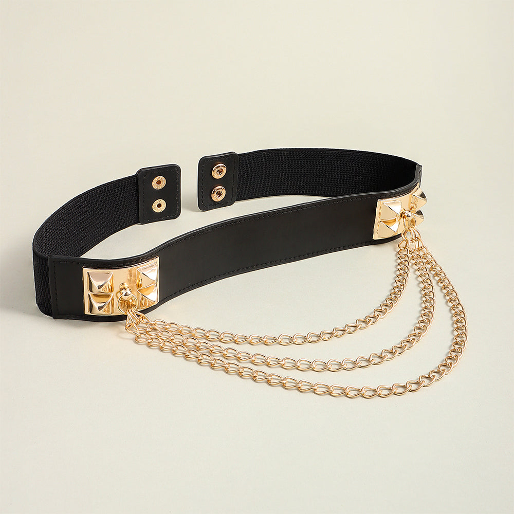 Punk Gold Rivet Chain Women's Belt Women's Elastic Stretch Wide Waist Corded Waist Black Slim Belt