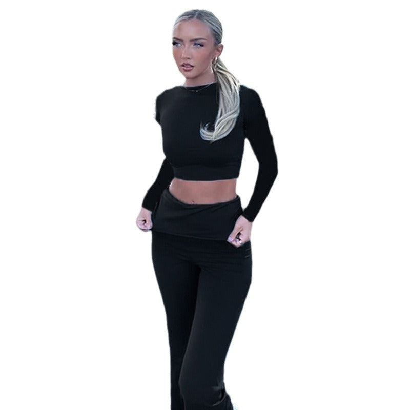 Women's Fashion Solid Color Simple Sports Long-sleeved Top High Waist Slim-fit Straight Trousers Two-piece Set