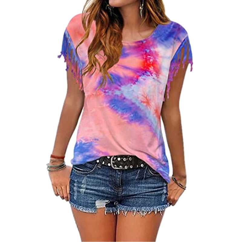 Tie-dye burnt tassel short sleeves