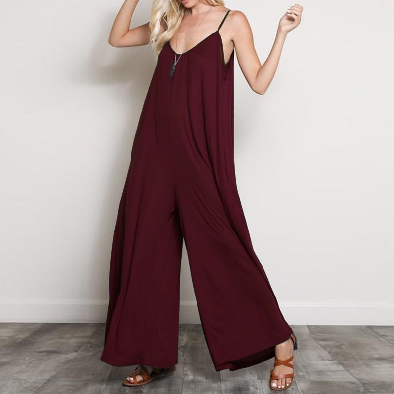 Casual Loose V Neck Long Jumpsuits