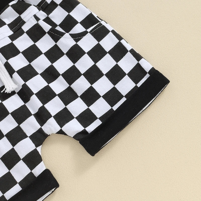 Children's Black And White Plaid Shorts Suit