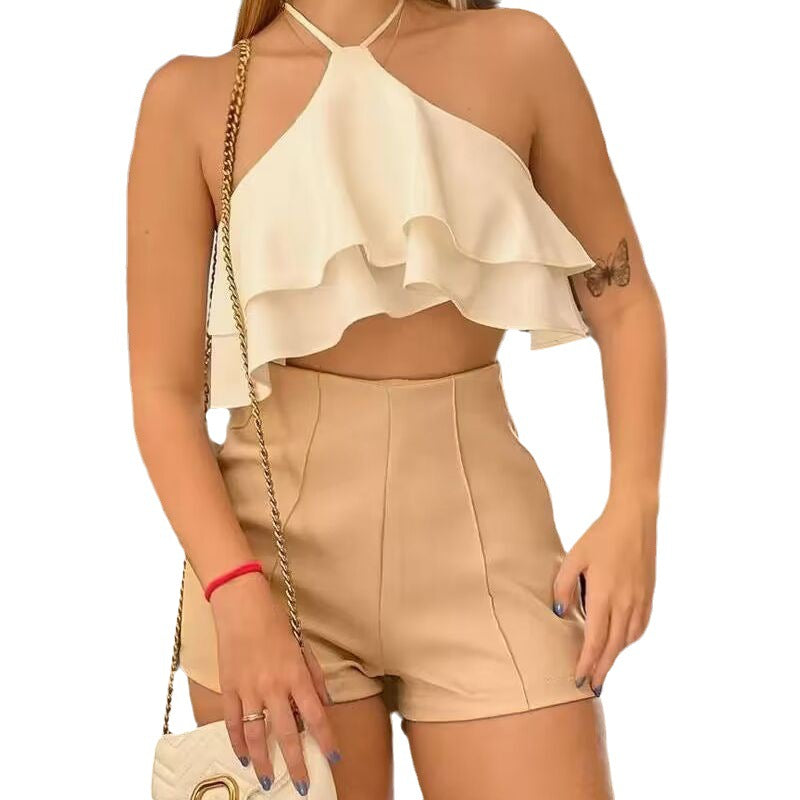 Women's Ruffled Halter Spaghetti Straps Shorts Suit