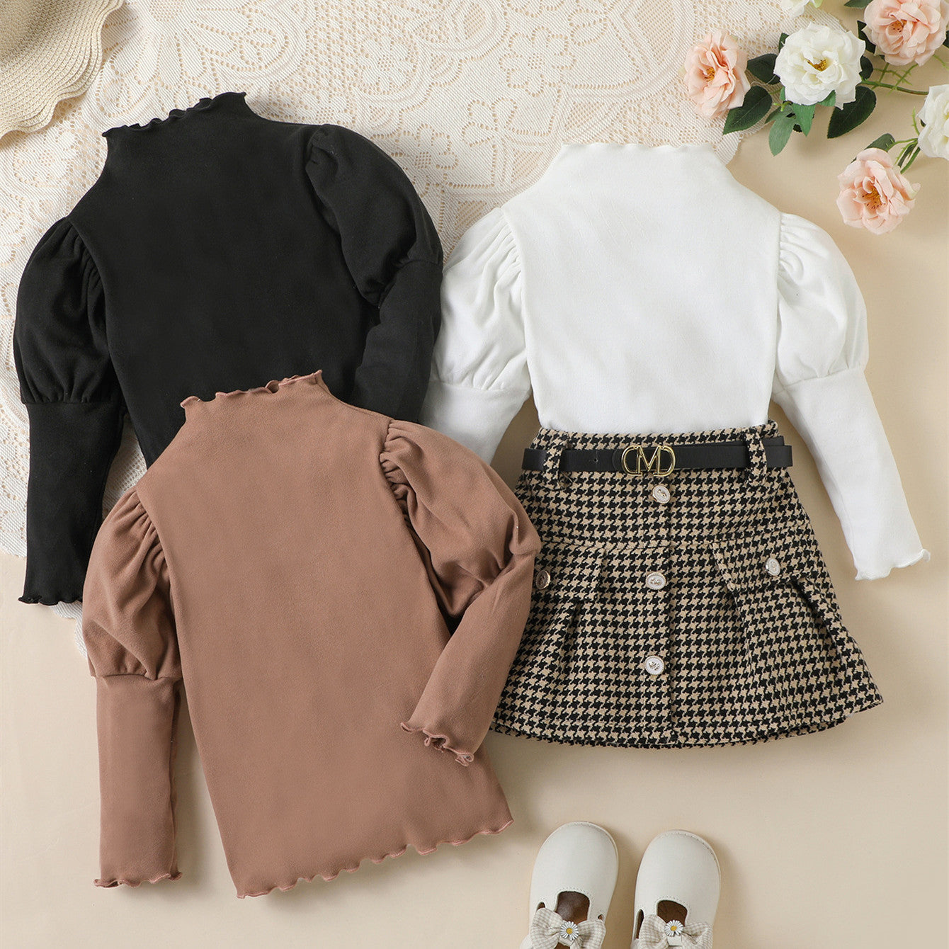 Fashion Houndstooth With Belt Skirt