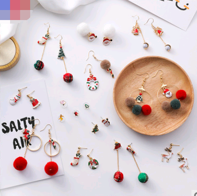 Christmas earrings holiday gift personality Santa Claus gift tree hair ball cane candy fashion earrings