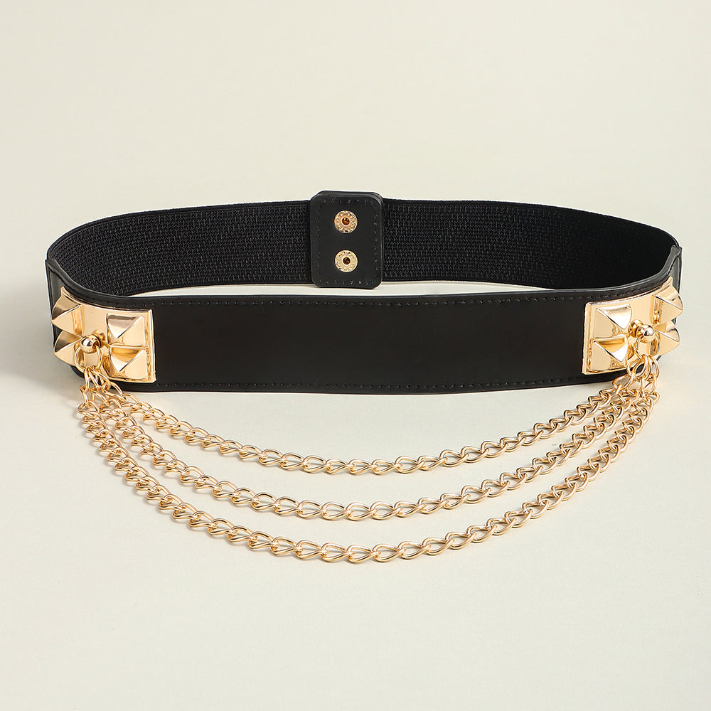 Punk Gold Rivet Chain Women's Belt Women's Elastic Stretch Wide Waist Corded Waist Black Slim Belt