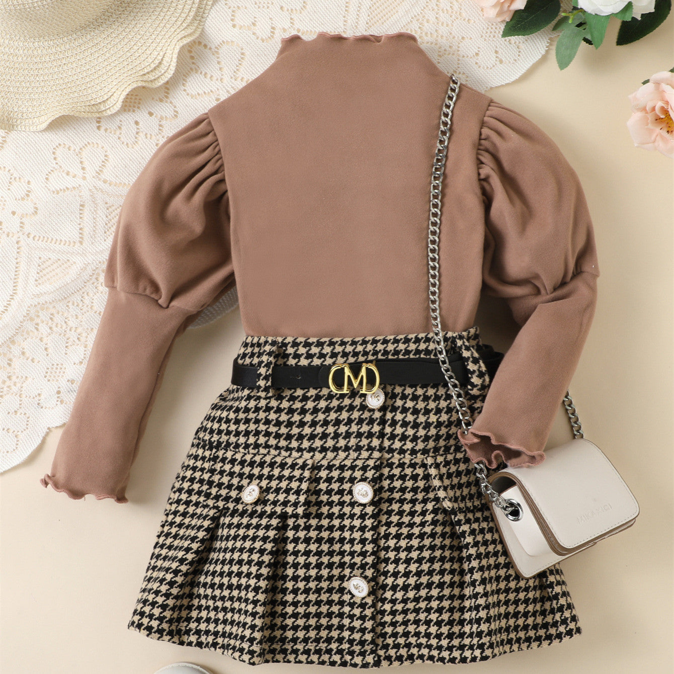 Fashion Houndstooth With Belt Skirt