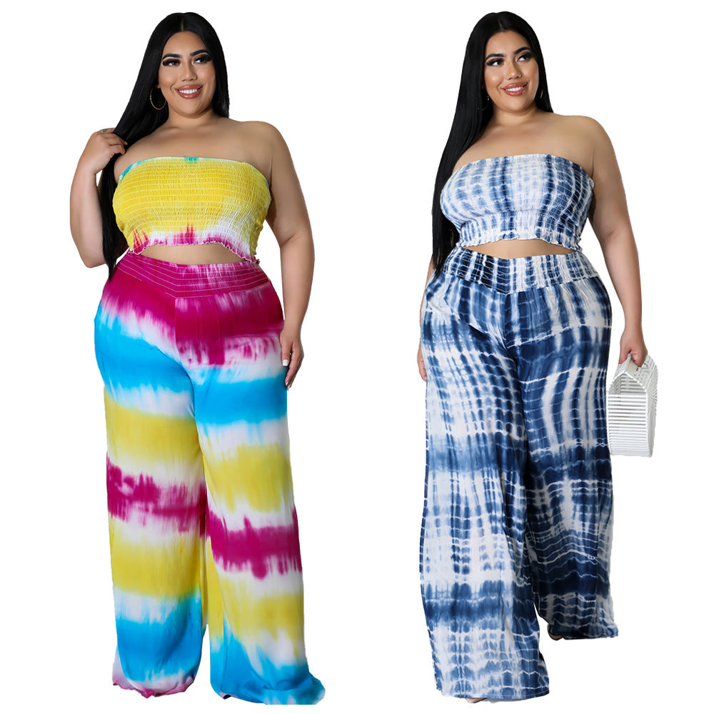 Women's Tie-dye Print Chest-wrapped Backless Plus Size Two-piece Suit