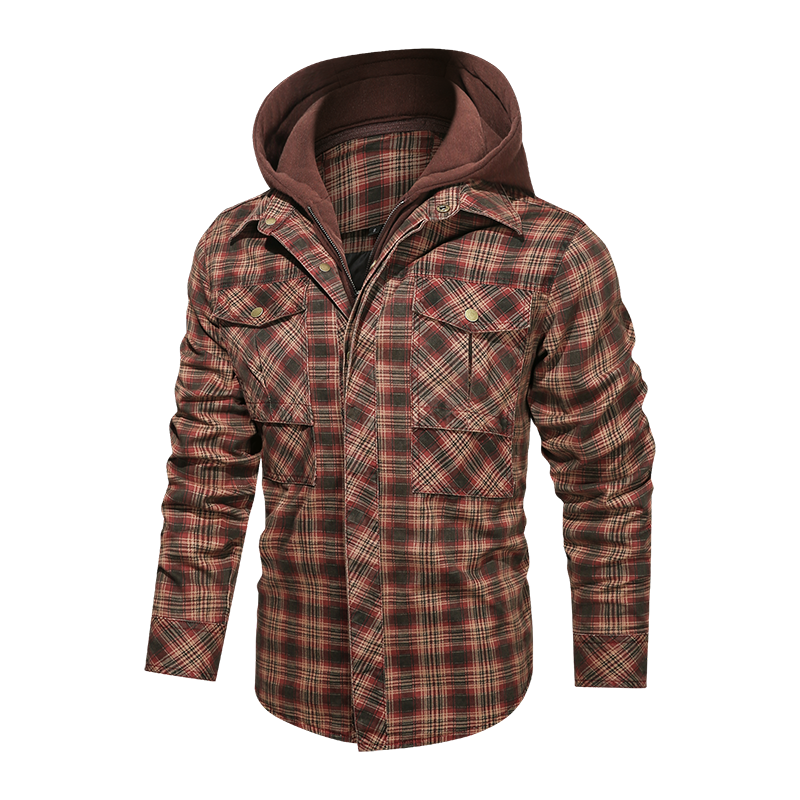 Men Long-sleeved Plaid Jacket Regular Fit Fleece Detachable Hoodies Jackets